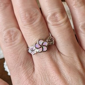 Sterling silver plumeria flower pink lab opal ring